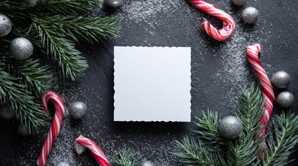 Festive christmas flat lay composition with fir branches candy canes ornaments and blank paper for text