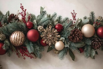 Close up of a festive christmas garland decorated with red and gold ornaments and pine cones