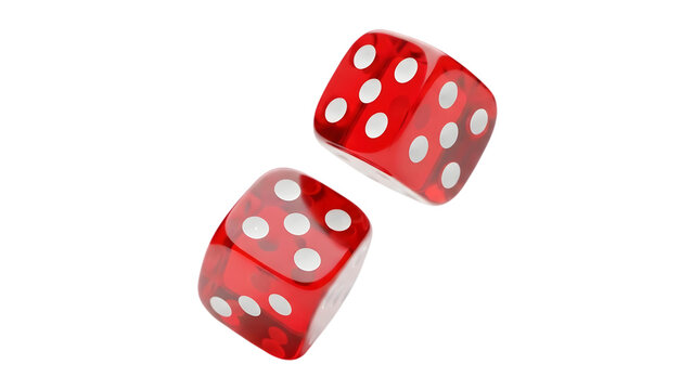 Two red dice tumbling in the air on a black background