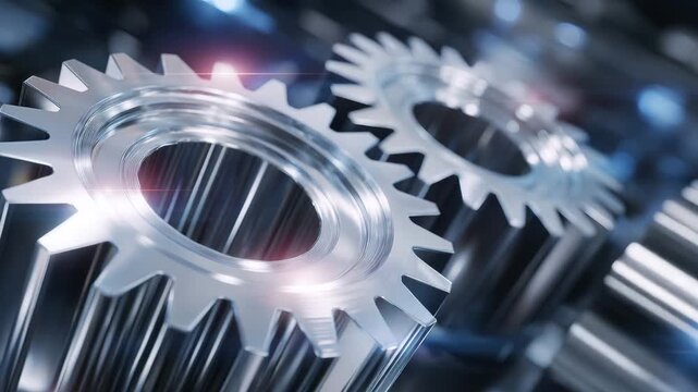 Metallic gears in tight focus, soft reflective lighting accentuating sharp edges and engraved surfaces, conveying engineering precision and technical detail