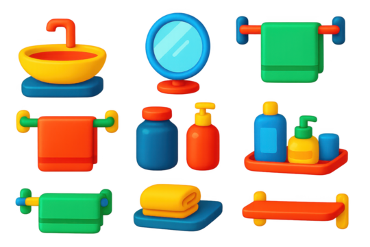 Bold Bathroom Icons. 3D icon set of bathroom accessories: washbasins, mirrors, towel racks, storage jars, trays, shelves. A set of
