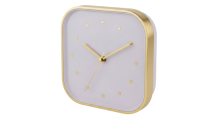 Modern square clock with gold frame isolated PNG, minimalist design timepiece for home decor and timekeeping on transparent background