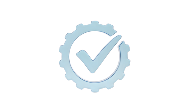 Gear with check mark symbolizing approval or successful operation on black background