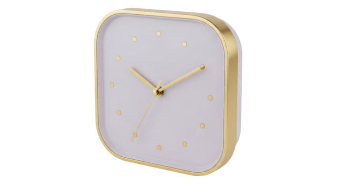 Modern square clock with gold frame isolated PNG, minimalist design timepiece for home decor and timekeeping on transparent background