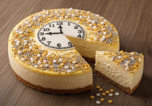 Happy New Year food Clock shaped cheesecake decorated with candies celebrating new year celebration, festive, holiday, - Powered by Adobe