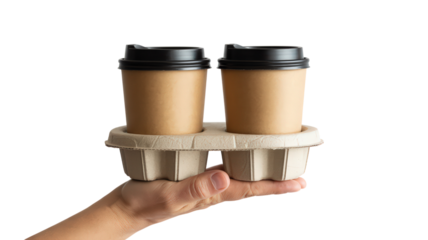 Two Disposable Coffee Cups in Cardboard Carrier on Hand Ready to Drink takeaway with Black Lids on Transparent Background Isolated Delivery Service Packaging mock up