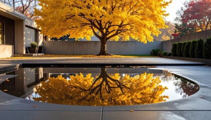 Autumnal Spectacle A Yellow Tree Reflecting in Still Water, Capturing Nature's Beauty in Fall