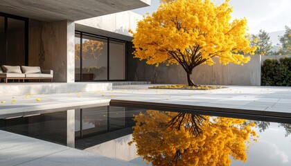 Autumnal Reflections Yellow Tree Beside Modern Pool and Building