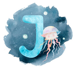 Blue English letter J with cartoon jellyfish underwater with bubbles. Hand-drawn watercolor illustration isolated on white with blue splashes. Pastel sea clipart for children's games, alphabet design
