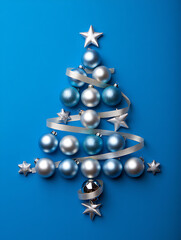 A modern and abstract Christmas tree made of silver ribbon and blue ornaments on a blue background.