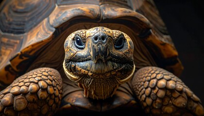 Close-up of a golden tortoise, showcasing its textured shell and inquisitive gaze with striking blue eyes