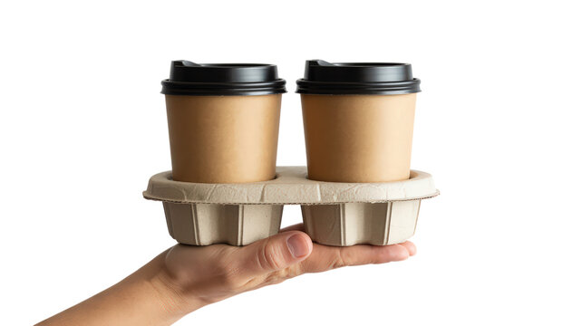 Two Disposable Coffee Cups in Cardboard Carrier on Hand Ready to Drink takeaway with Black Lids on Transparent Background Isolated Delivery Service Packaging mock up