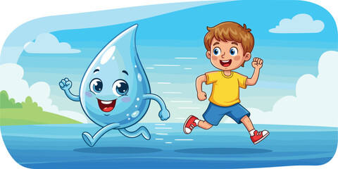 Cartoon illustration of a happy boy running and playing alongside a cheerful mascot water drop character, vector design emphasizing hydration, healthy lifestyle, fitness, and environmental fun.