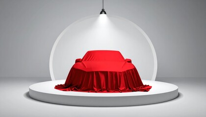 A New Car Model Reveal Concept with Red Cloth on Display Stand
