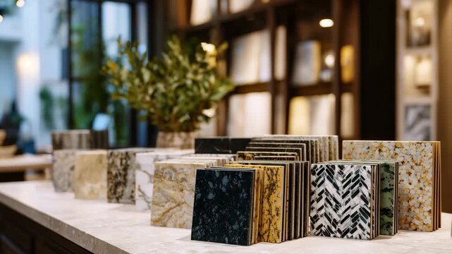 Neatly stacked countertop samples in a showroom, natural and engineered stone varieties, soft light reflecting off polished surfaces, close-up detail emphasized