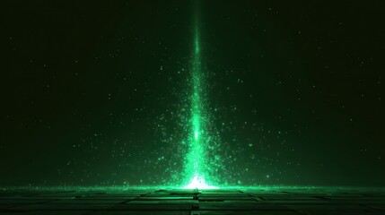 A vibrant green light beam erupts from a dark surface scattering particles and creating a mystical ethereal glow