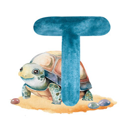 English blue letter T and cartoon turtle on lawn with stones. Hand-drawn watercolor tortois illustration isolated on white. Fun children's clipart for learning and games, alphabet design for Kids