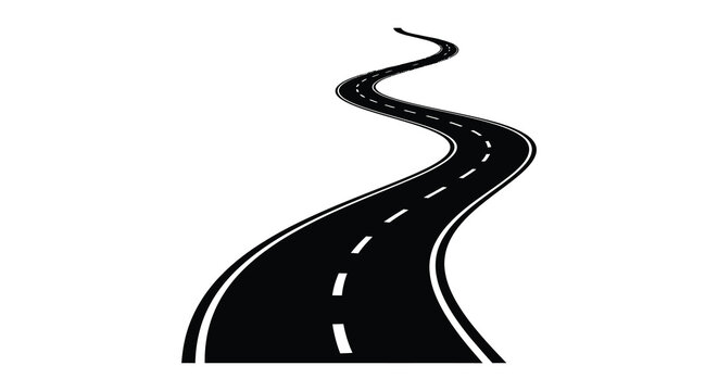Winding road illustration with dashed lines and perspective silhouette
