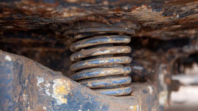 Old mechanical suspension under a train car, close-up on tightly coiled springs, metal surfaces textured with grime and patina