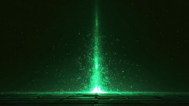 A vibrant green light beam erupts from a dark surface scattering particles and creating a mystical ethereal glow