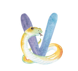 English purple letter V and cartoon yellow viper, hand-drawn watercolor illustration isolated on white. Funny colorful children's snake clip art for learning and games, alphabet design for kids