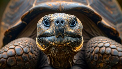 Close-up portrait of a tortoise with detailed skin, a large shell, and dark eyes staring directly at the viewer