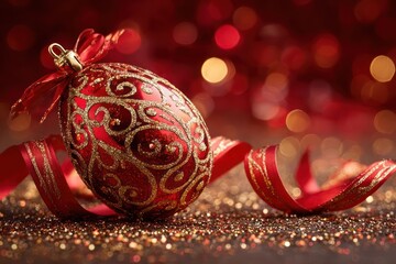 Elegant red and gold ornate christmas ornament with festive bokeh lights and glittering surface