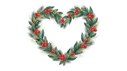 Watercolor Heart Christmas Wreath with Greenery and Red Berries Illustration