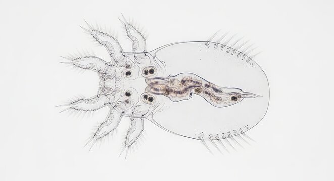 Microscopic view of a transparent aquatic creature on white background