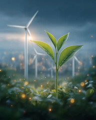 Growth in the wind's embrace: a solitary sprout, a beacon of hope against a backdrop of wind turbines and a glimmering city, represents the vibrant future of sustainability. 