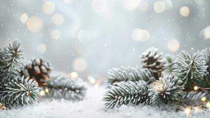 Fototapeta premium Festive Winter Background with Snow Covered Pine Branches and Lights