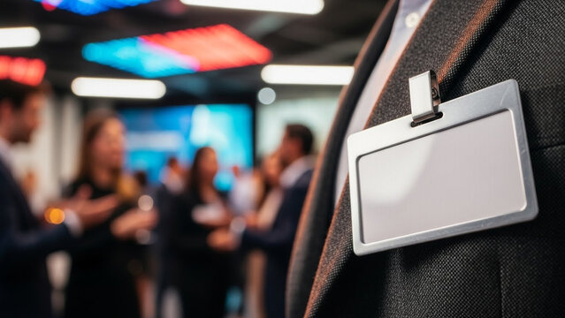 Close-up of Blank White ID Badge on Business Suit at Conference