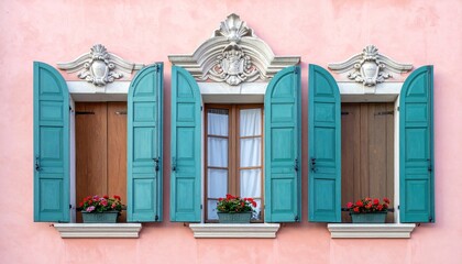 Charming European facade with three ornate windows featuring vibrant turquoise shutters and red flowers