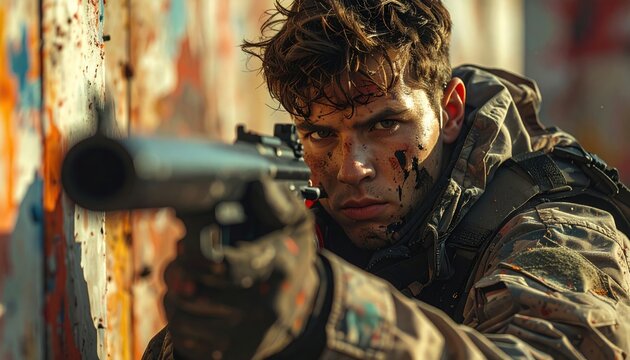 Intense Portrait of a Soldier Aiming, Behind Cover, On The Battlefield