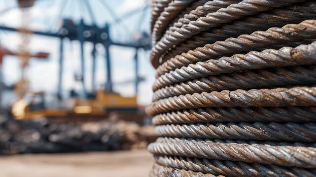 Perspective view of steel reinforcement bars bundled on construction site, textures and patterns on rods sharply captured, sunlight reflecting off metal