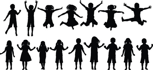 Energetic Children Kids Jump and Stand Silhouette Vector Collection, Boys and Girls Playing Fun Outdoors, Happy Childhood Moments, Active Young People Set, Freedom and Excitement Graphics