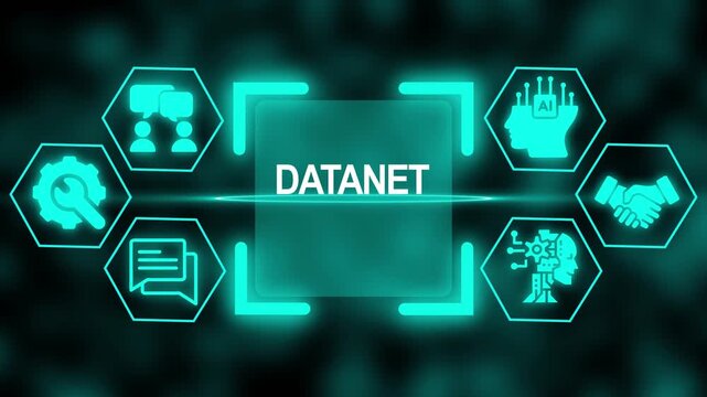 Datatech Network Concept with AI and Collaboration Icons in Neon Teal datanet data network - Powered by Adobe