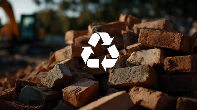 Recycling logo prominently displayed between stacked bricks and broken cement pieces, soft natural light emphasizing textures and eco-conscious message