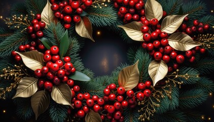 A vibrant Christmas wreath decorated with bright red berries, green pine needles, and elegant leaves.