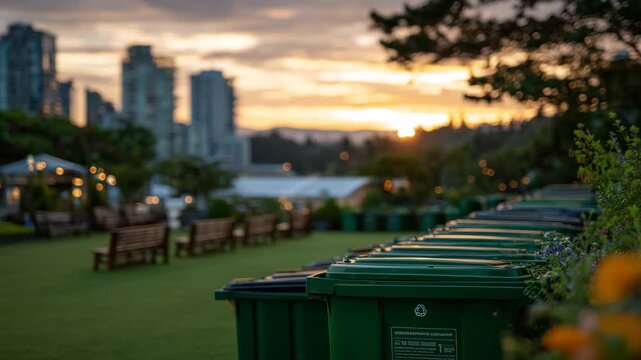 Row of neatly arranged recycling bins under golden sunset, park benches and green lawn visible, atmosphere of quiet urban harmony and environmental awareness