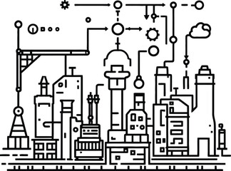 Obraz premium Futuristic Cityscape Silhouette Vector Featuring Smart Urban Buildings and Abstract Connectivity Symbols in Line Style
