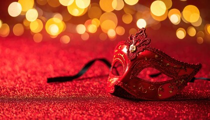 Elegant Red Masquerade Mask on Textured Red Surface with Bokeh Lights in Background
