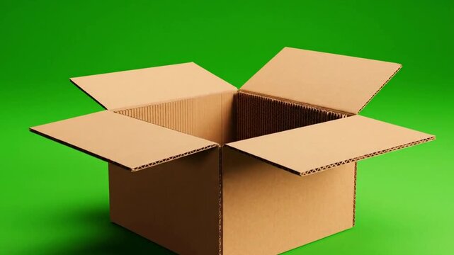 Unboxing possibilities with this dynamic moving shot of an open cardboard box on vibrant green screen, perfect for e-commerce, shipping, or logistics promos