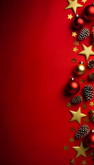 A luxurious Christmas vertical border with golden stars and red ornaments on a rich red background.