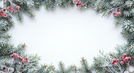 Christmas frame of fir branches and red berries with snow