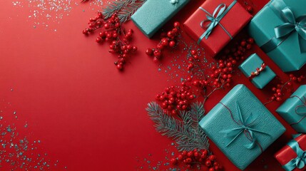 Festive christmas presents wrapped in teal and red with holly berries and pine needles on a vibrant red background