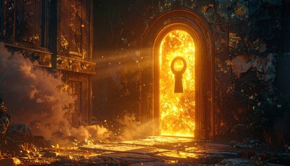 Enchanted Gateway A Mystical Portal of Golden Light, Leading to the Unknown, Adventure Beckons