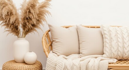 Cozy Interior: A beautifully designed living space exudes comfort, featuring a woven rattan sofa adorned with soft pillows and a textured throw.