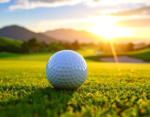 Close-up of a golf ball on lush, green grass with a mountain range and bright, golden sunlight background