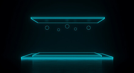 Modern Abstract Neon Stage Platform with Floating Spheres and Dark Background